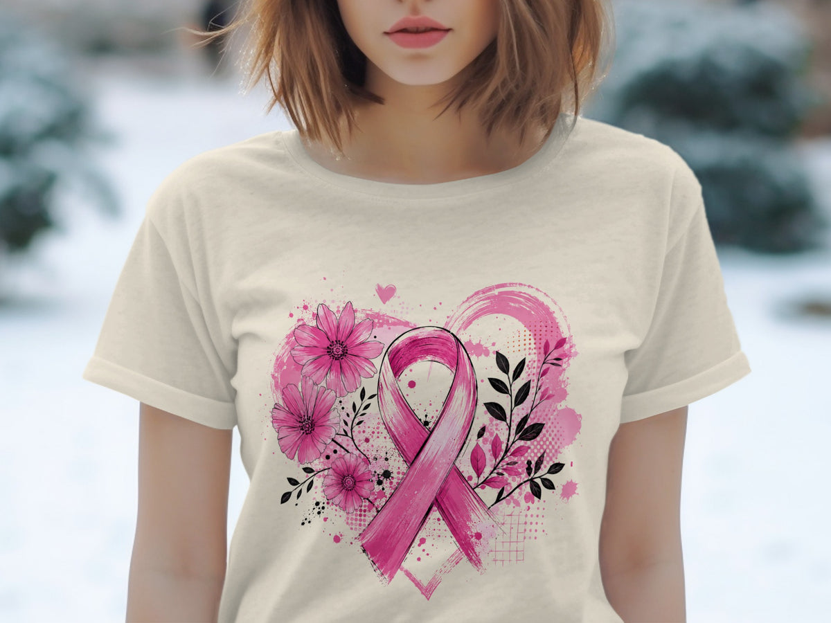 Cream t-shirt with a pink breast cancer ribbon and floral heart design.