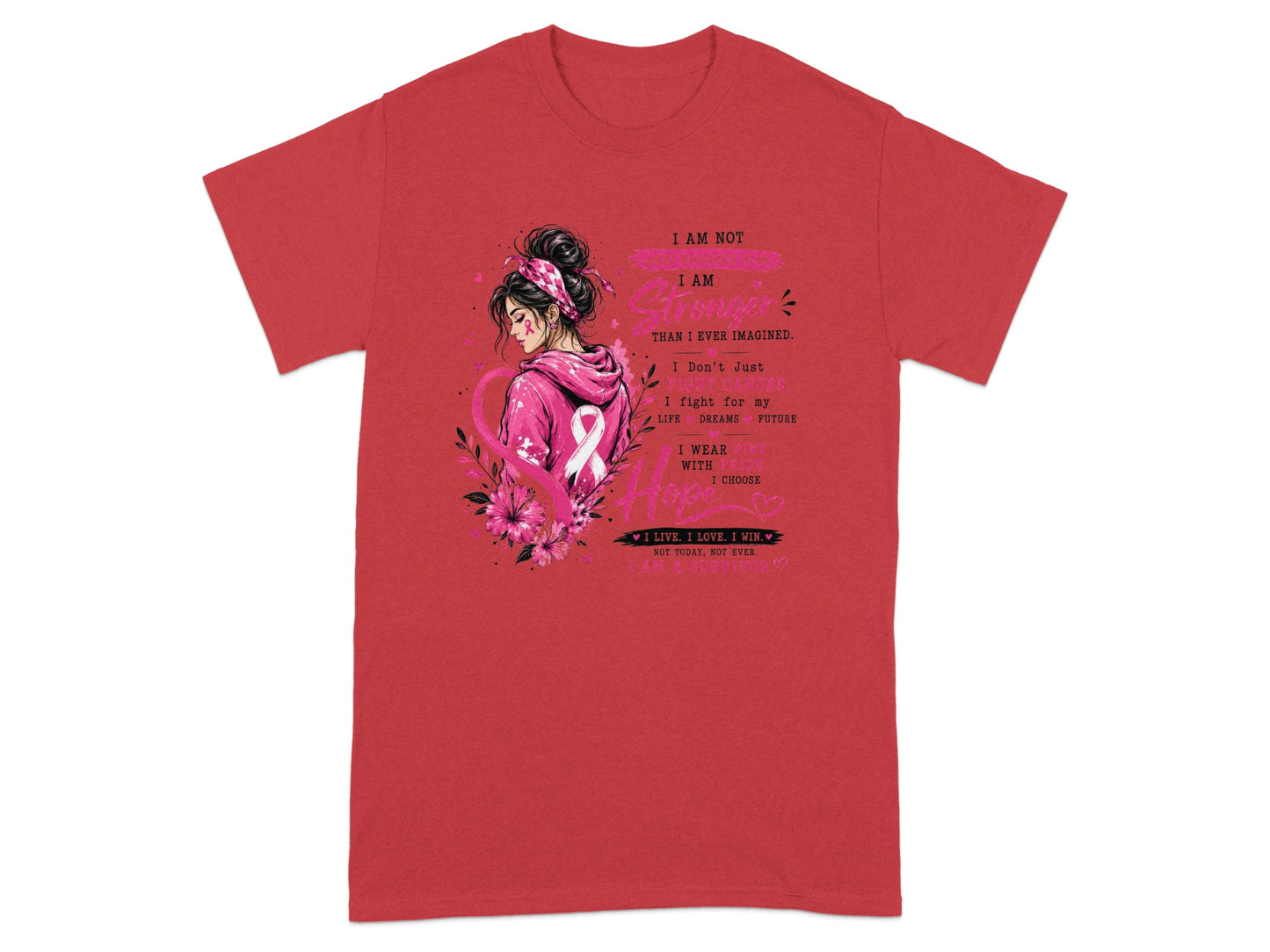 Red t-shirt with woman and pink ribbon design, "I am stronger than I ever imagined."