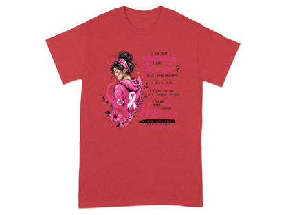 Red t-shirt with woman and pink ribbon design, "I am stronger than I ever imagined."