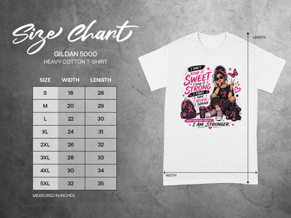 Gildan 5000 Heavy Cotton T-Shirt size chart showing measurements in inches.