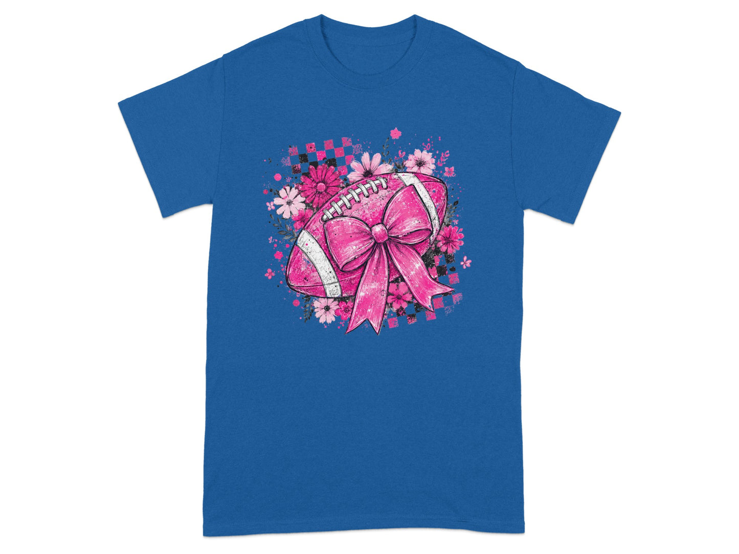 Pink football with bow and flowers on blue t-shirt.