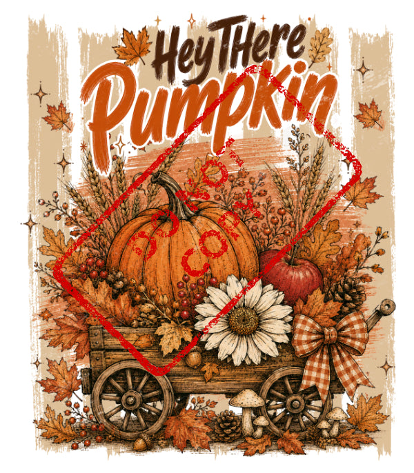 "Hey There Pumpkin" text over a harvest wagon filled with pumpkins, gourds, and autumn foliage.