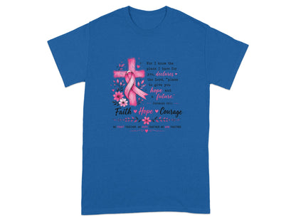 Blue t-shirt with pink cross, ribbon, flowers, and text "Faith Hope Courage."