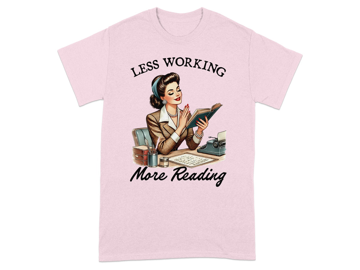Woman reading book with text "Less Working More Reading".