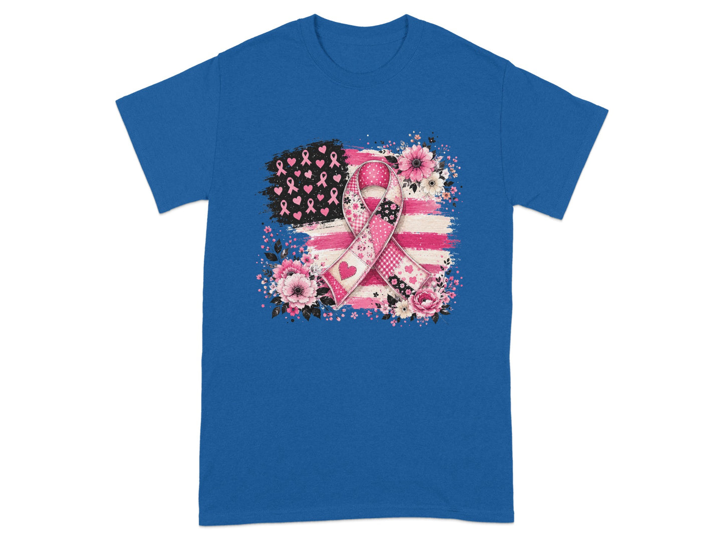 Royal blue t-shirt with American flag design and pink breast cancer ribbon.