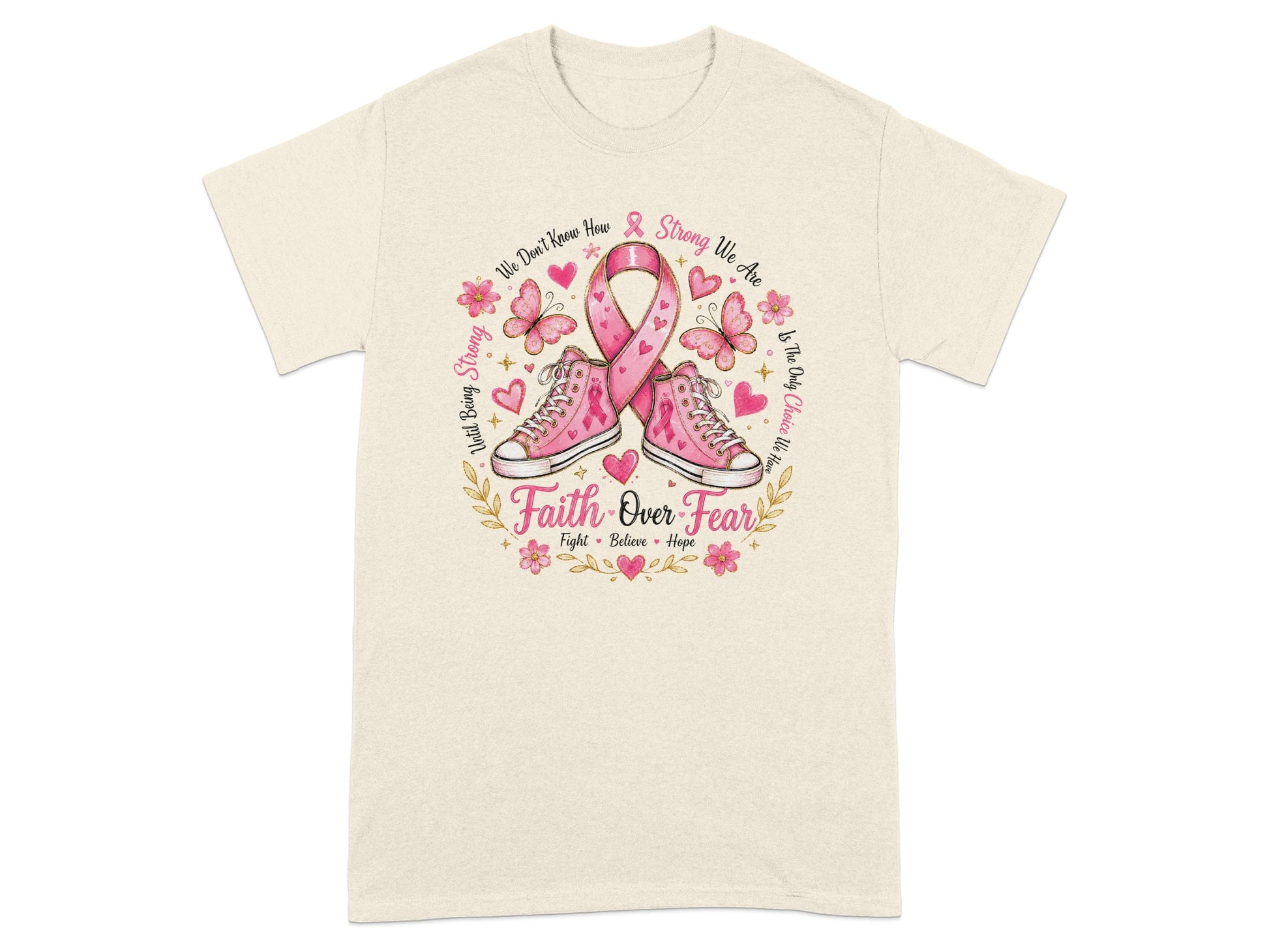 Pink sneakers and ribbon with text "Faith Over Fear" and "Strong We Are".