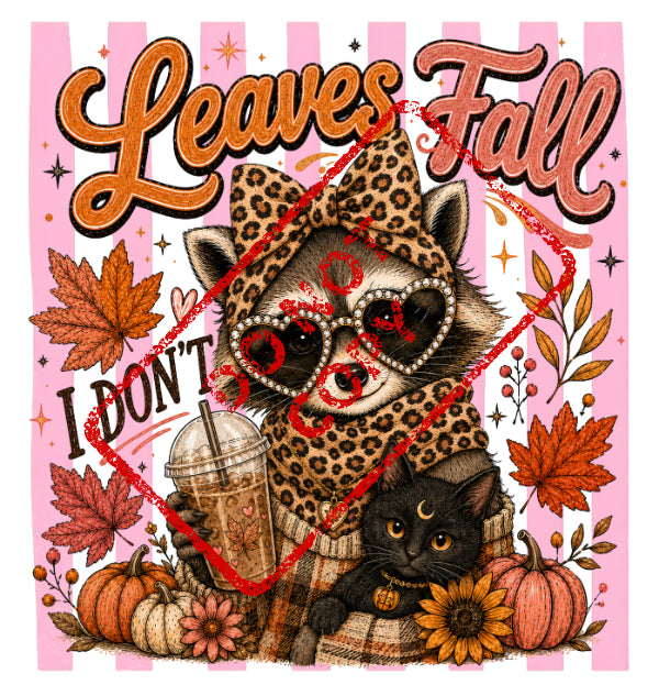 Raccoon in heart sunglasses holding coffee with black cat, "Leaves Fall" text.