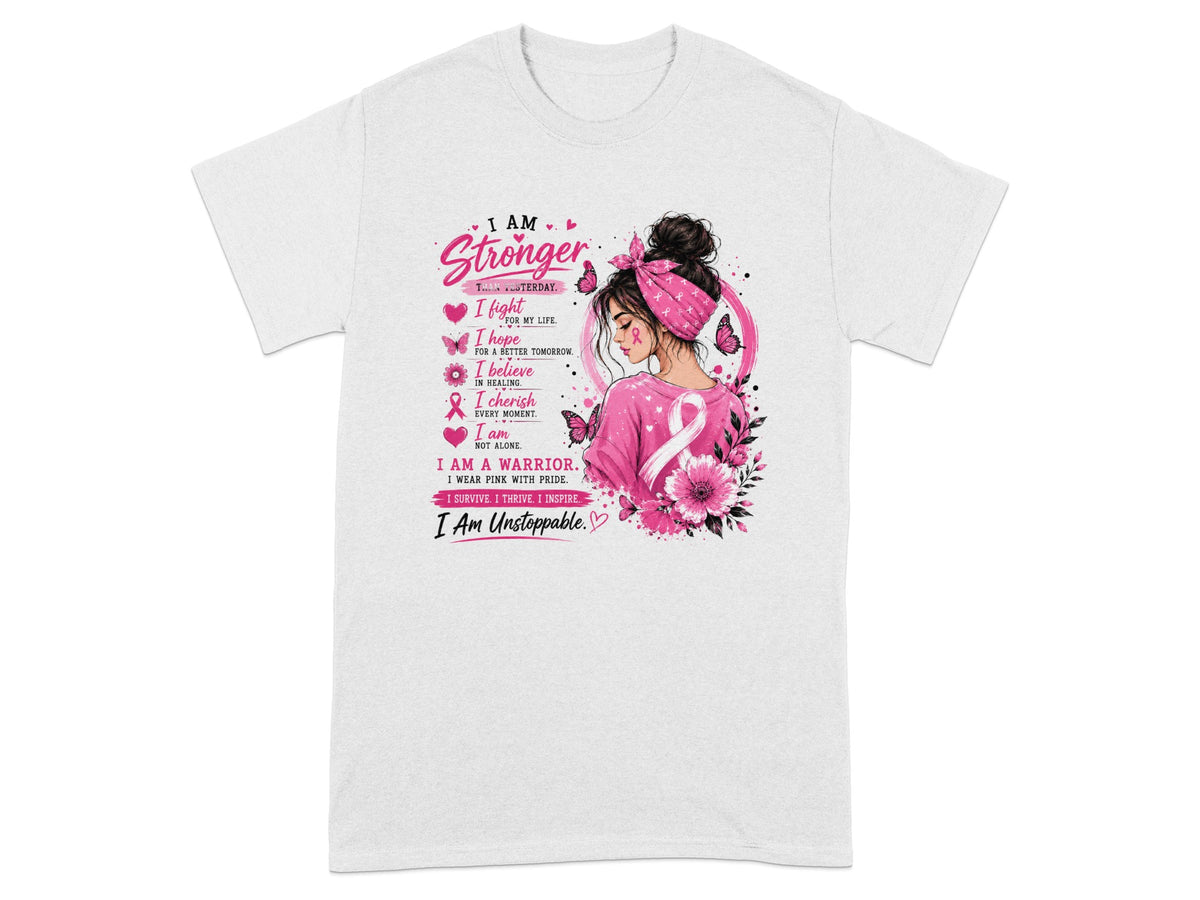 Pink breast cancer awareness graphic with inspirational text and a woman.
