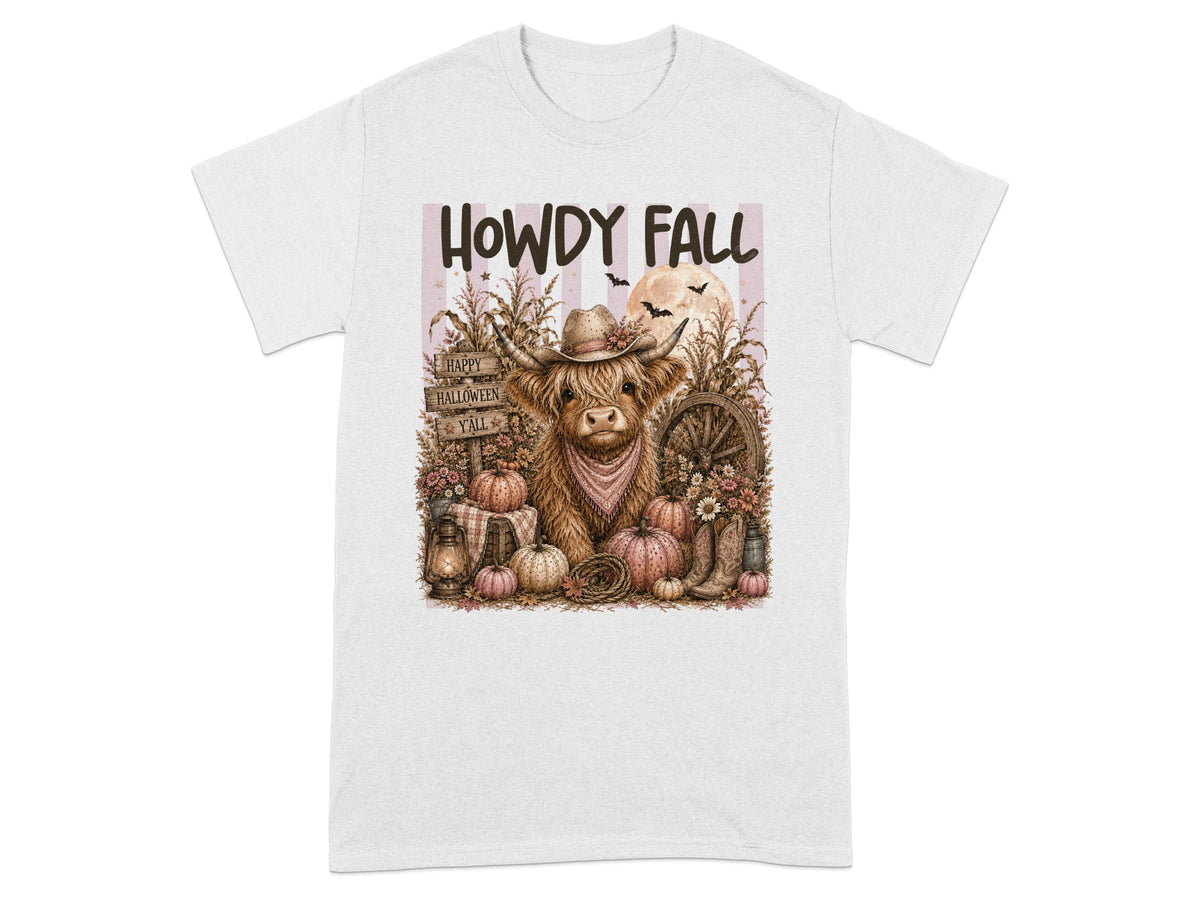 Cow wearing a cowboy hat with "Howdy Fall" text and pumpkins.