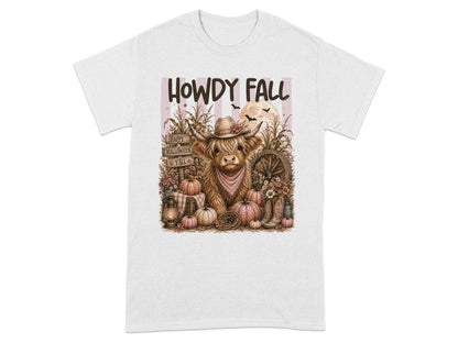 Cow wearing a cowboy hat with "Howdy Fall" text and pumpkins.