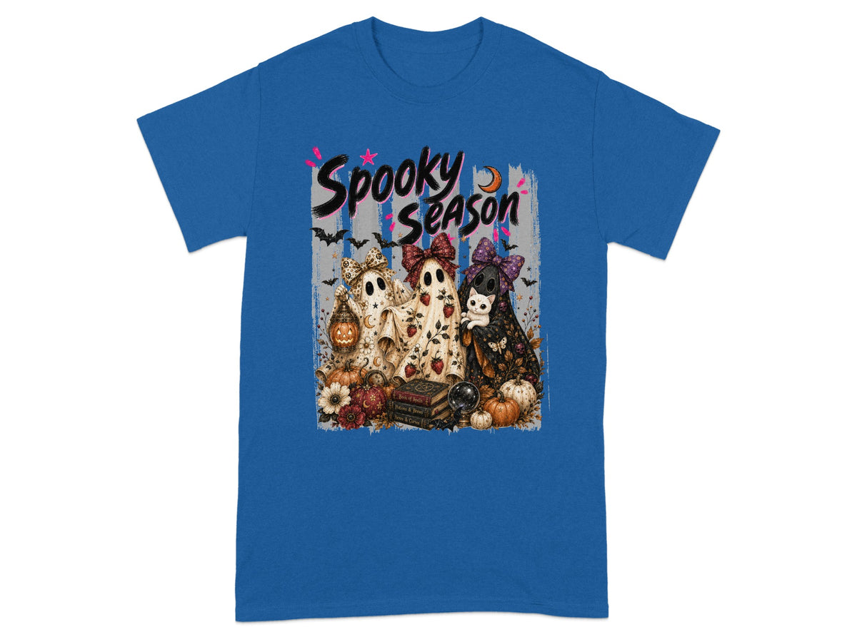 Spooky Season text over three decorative Halloween ghosts and pumpkins.