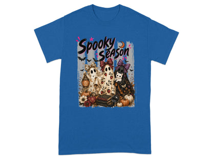 Spooky Season text over three decorative Halloween ghosts and pumpkins.