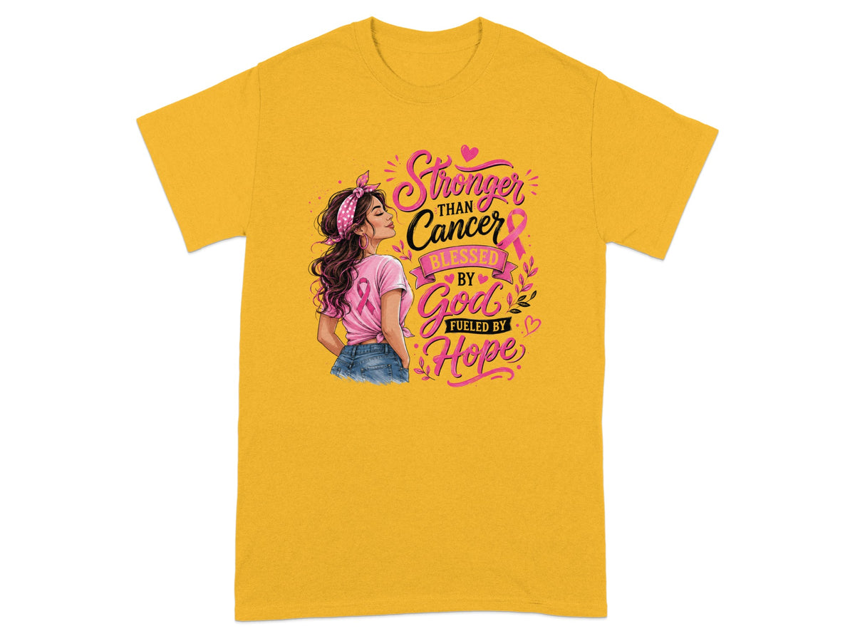Yellow t-shirt with "Stronger Than Cancer Blessed By God Fueled By Hope" text and illustration.