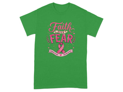 Green t-shirt with "Faith Over Fear" and pink ribbon graphic.