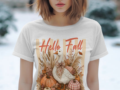 White t-shirt with "Hello Fall" text and a goose surrounded by pumpkins.