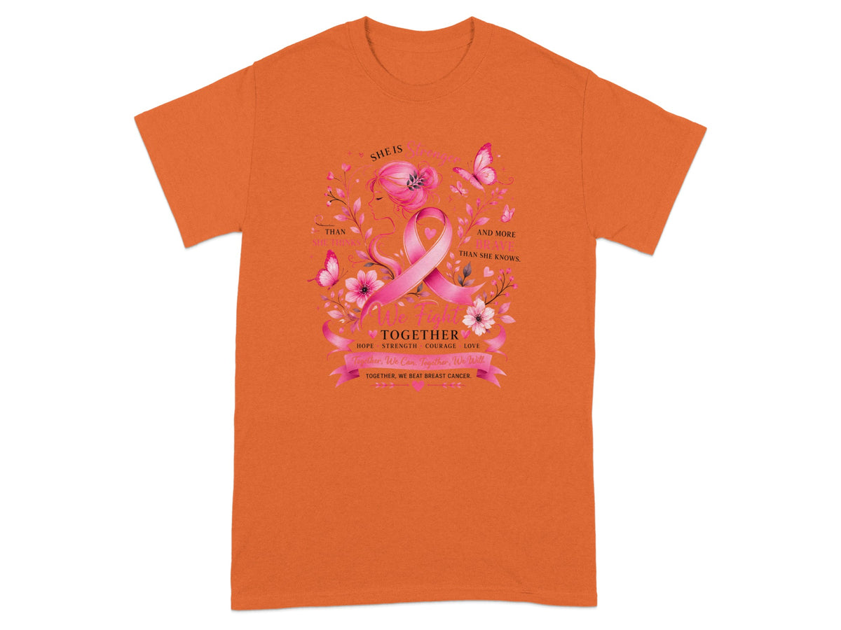 Orange t-shirt with breast cancer ribbon and inspirational text.