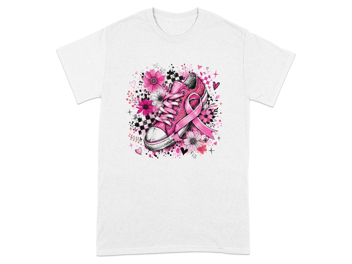 Pink sneaker with breast cancer ribbon, flowers, and hearts.