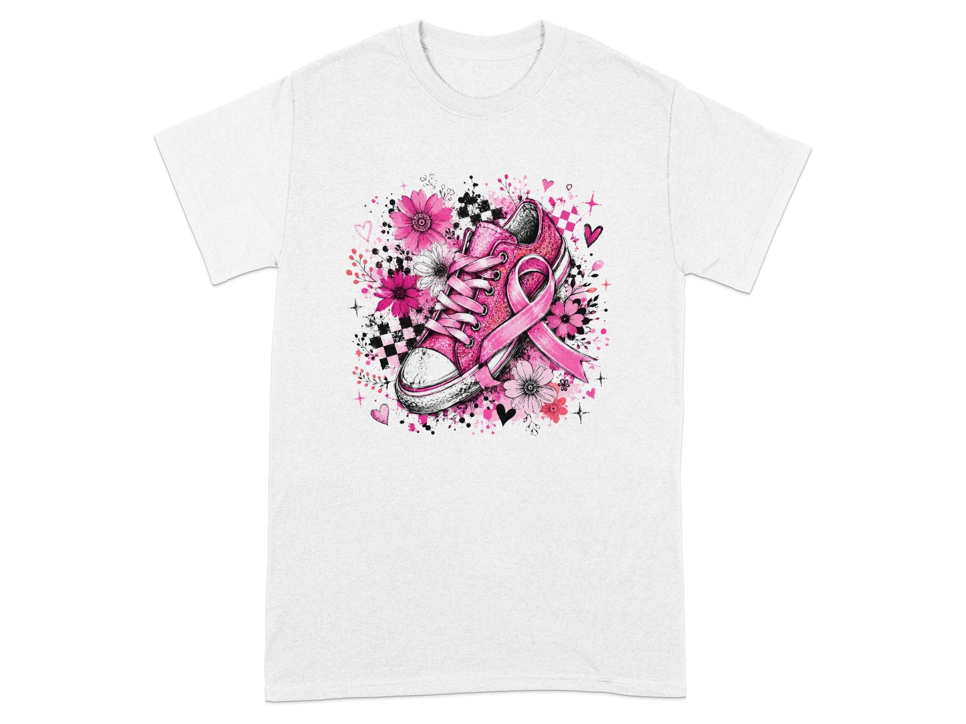Pink sneaker with breast cancer ribbon, flowers, and hearts.