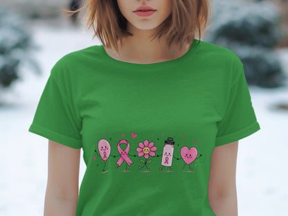Green t-shirt with a row of cartoon characters including a balloon, ribbon, flower, water bottle, and heart.
