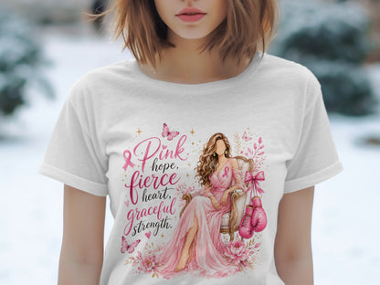 Pink ribbon design with text "Pink hope, fierce heart, graceful strength" and a seated woman.