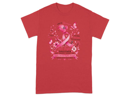 Red t-shirt with pink ribbon, flowers, butterflies, and inspirational breast cancer awareness text.