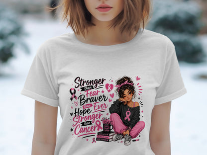 Illustration of girl with breast cancer awareness ribbons and text.