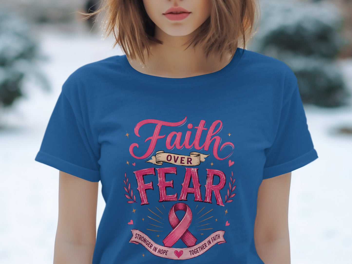 Blue t-shirt with "Faith Over Fear Stronger in Hope Together in Faith" text and pink ribbon.