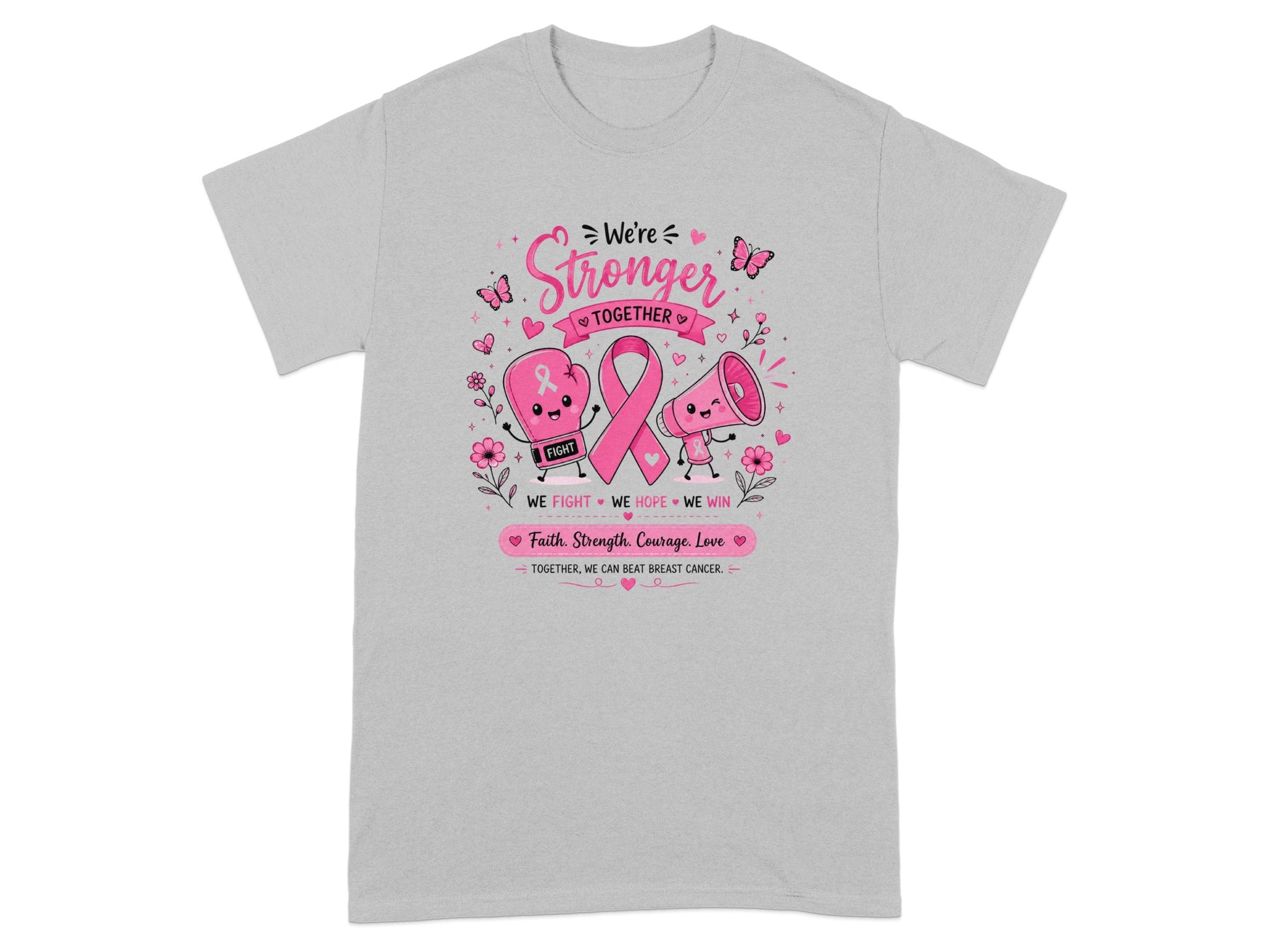 Pink cartoon boxing glove, ribbon, and megaphone on a t-shirt with text.
