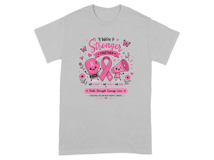 Pink cartoon boxing glove, ribbon, and megaphone on a t-shirt with text.