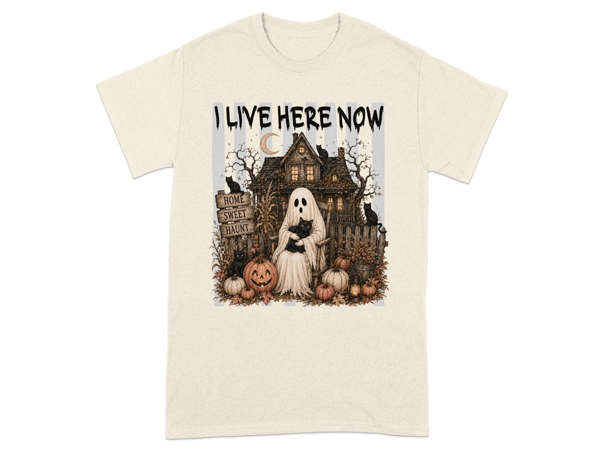 Ghost in rocking chair with cat, spooky house, pumpkins, and text "I LIVE HERE NOW".
