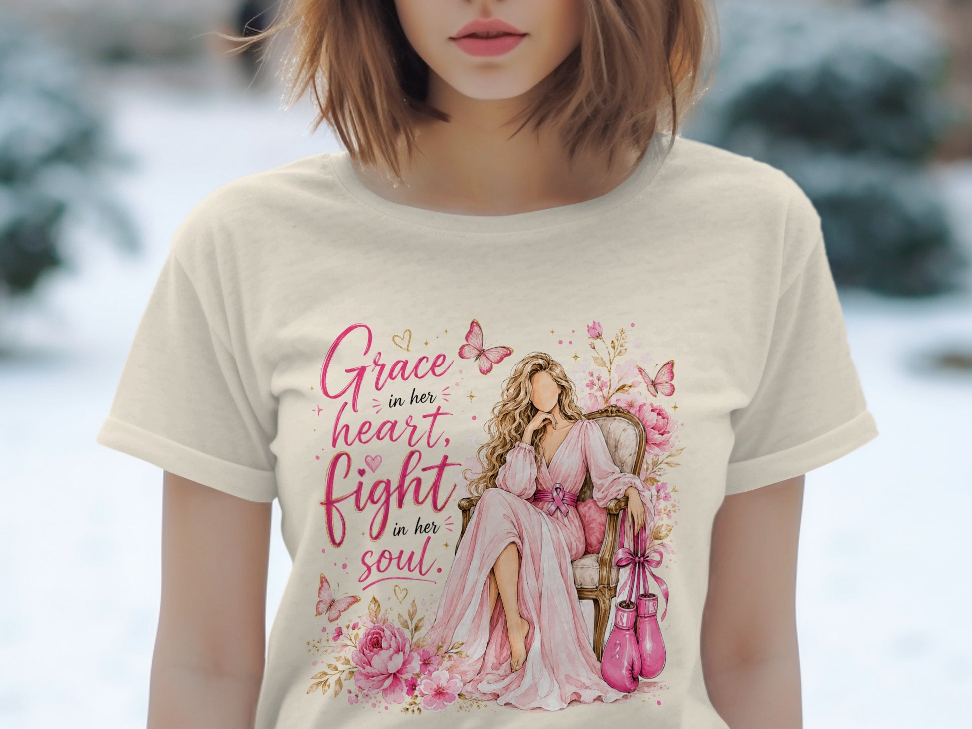 T-shirt graphic: "Grace in her heart, fight in her soul" with woman and boxing gloves.
