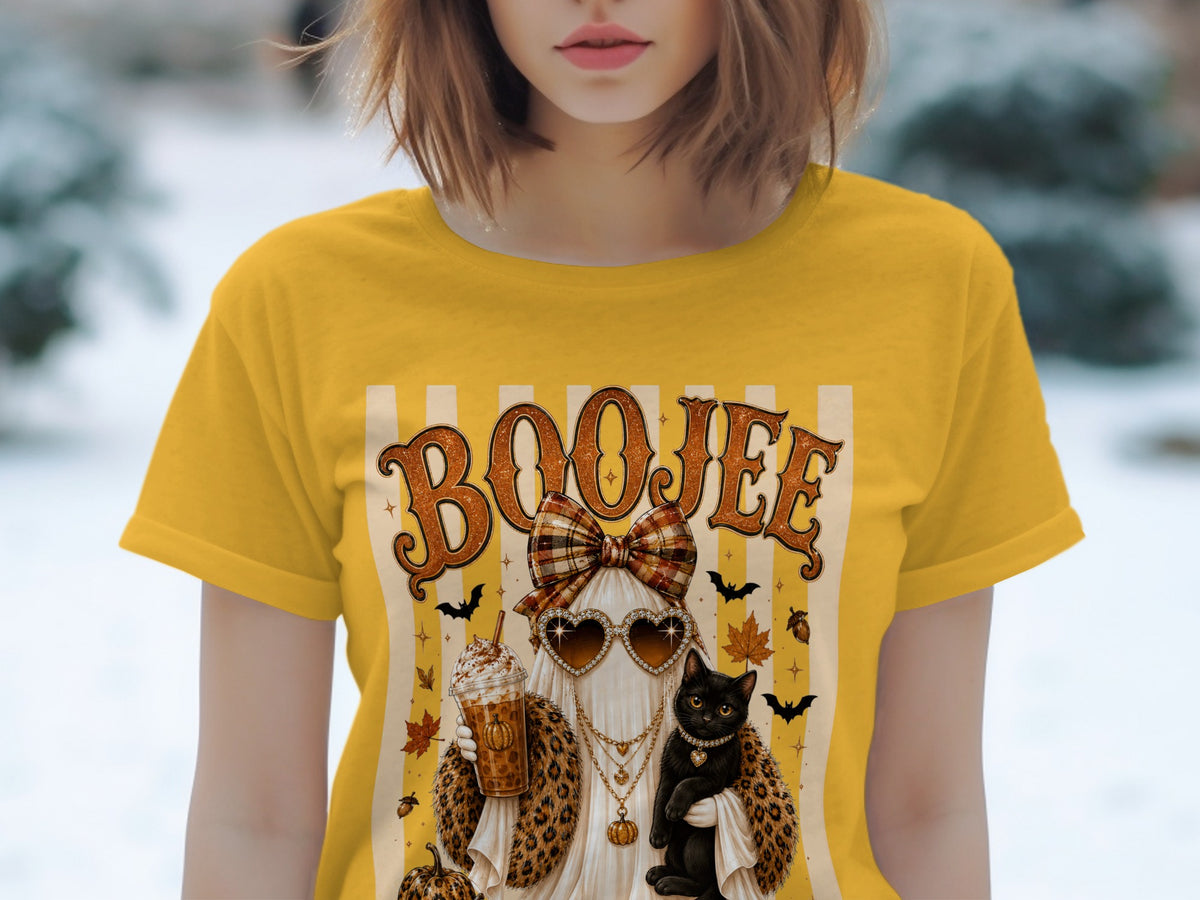 Yellow t-shirt with "BOOJEE" text and a ghost with a black cat.