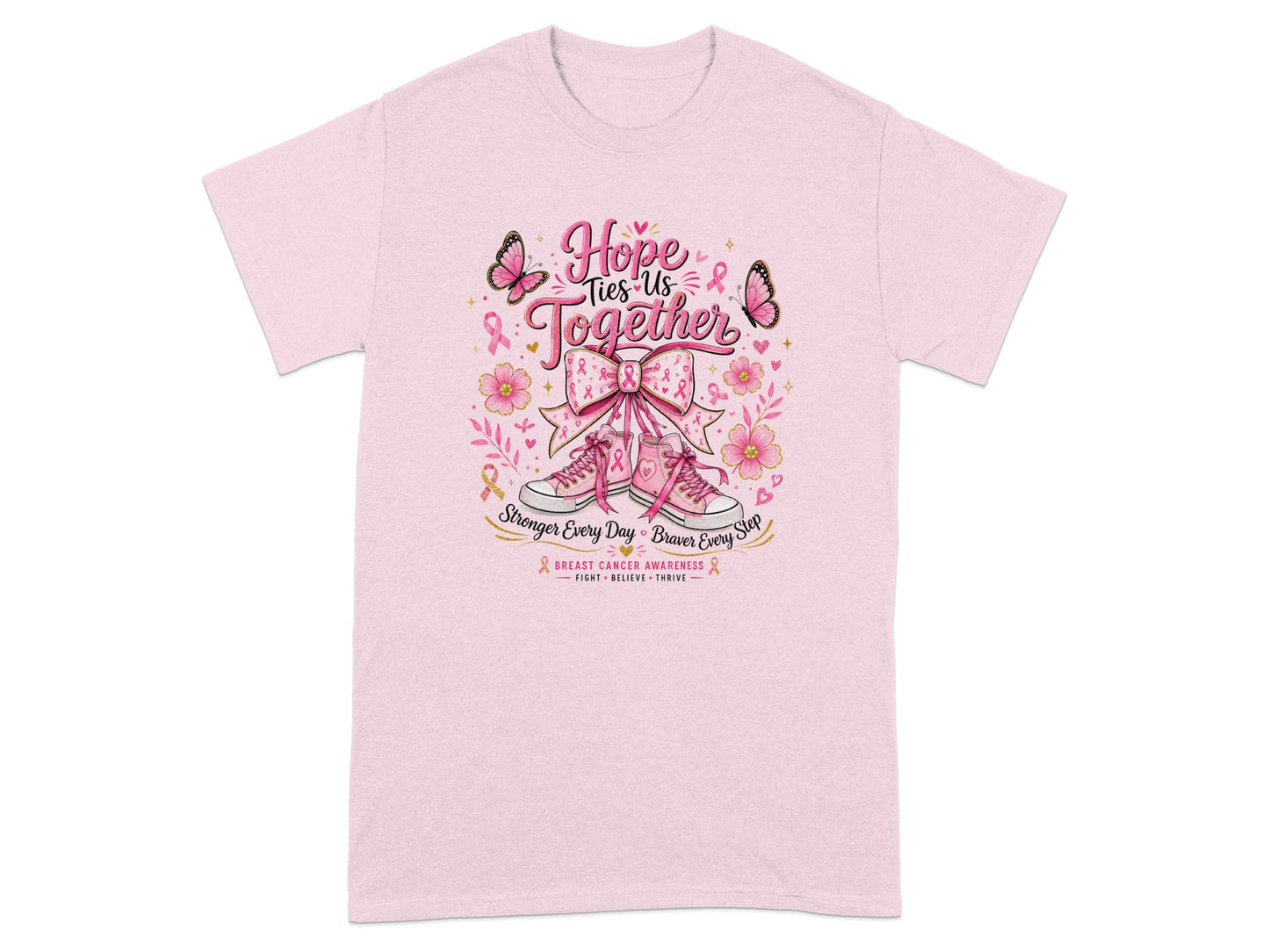 Pink t-shirt with "Hope Ties Us Together" and breast cancer awareness graphics.