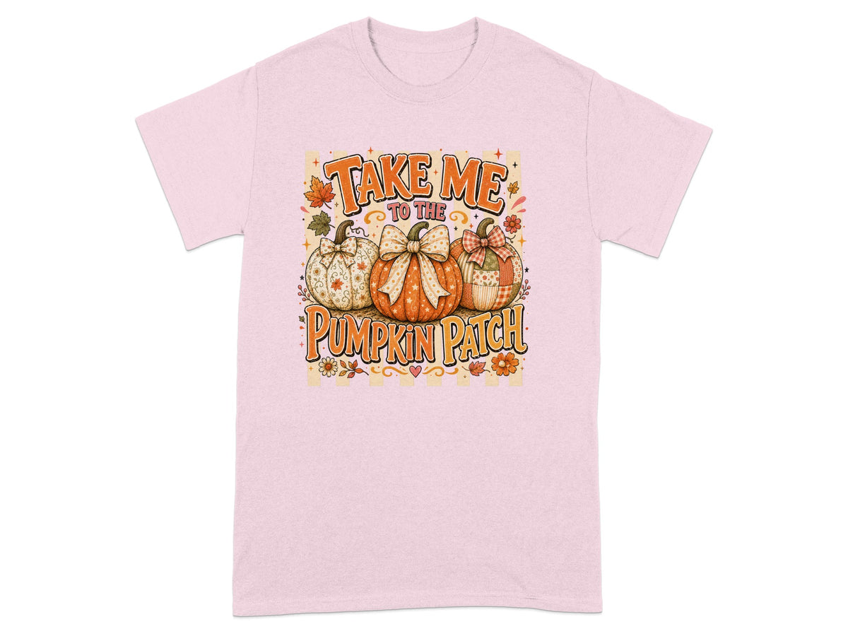 Pink t-shirt with "Take Me To The Pumpkin Patch" text and three decorative pumpkins.