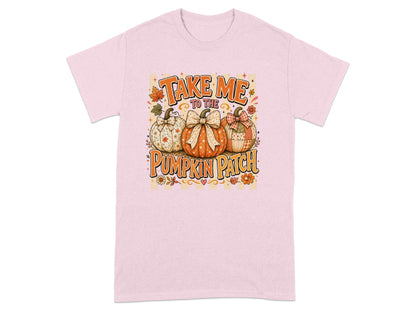 Pink t-shirt with "Take Me To The Pumpkin Patch" text and three decorative pumpkins.