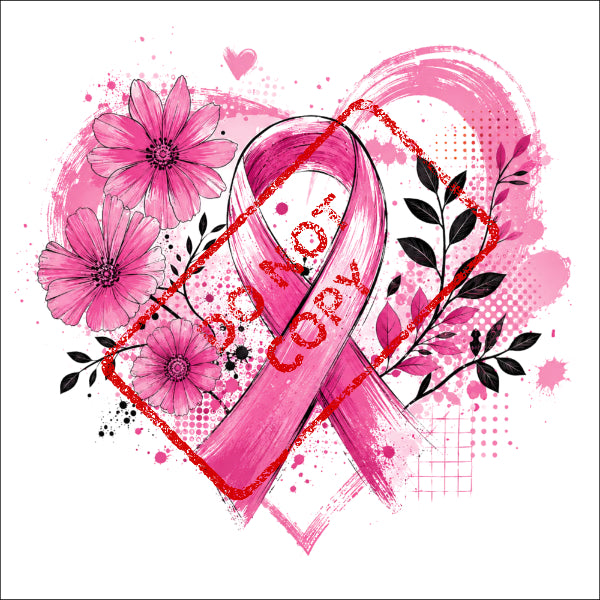Pink ribbon with flowers and "Not Copy" stamp inside a painted heart.