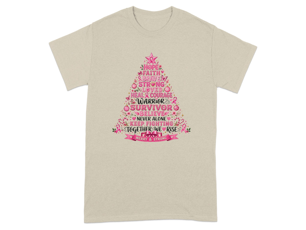 T-shirt with pink Christmas tree graphic and breast cancer awareness words.