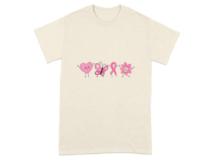 T-shirt with pink heart, butterfly, ribbon, and flower design.