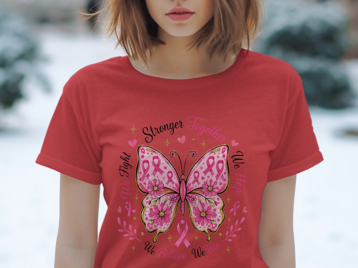 Red t-shirt with a pink butterfly and "Stronger Together" text.