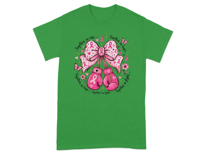 Green t-shirt with boxing gloves, pink bow, ribbons, and butterflies.