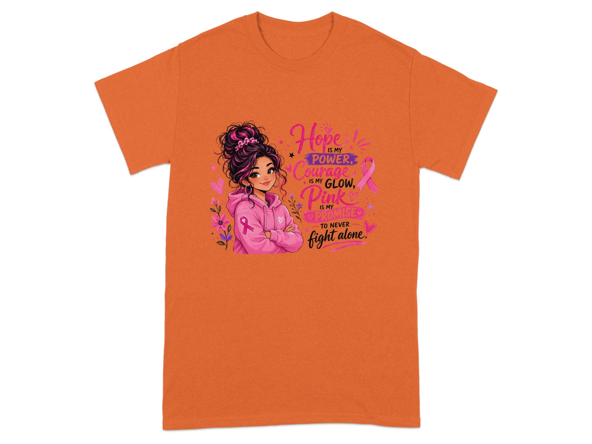 Orange t-shirt with a girl and text about hope, courage, and fighting alone.