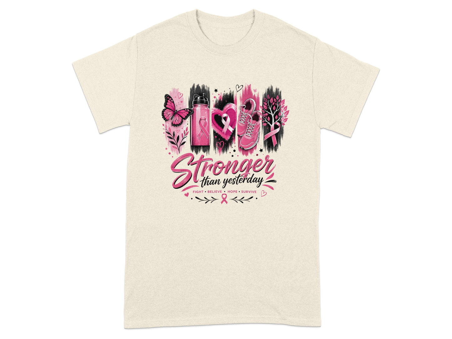 Cream t-shirt with "Stronger than yesterday" text and breast cancer awareness ribbon imagery.