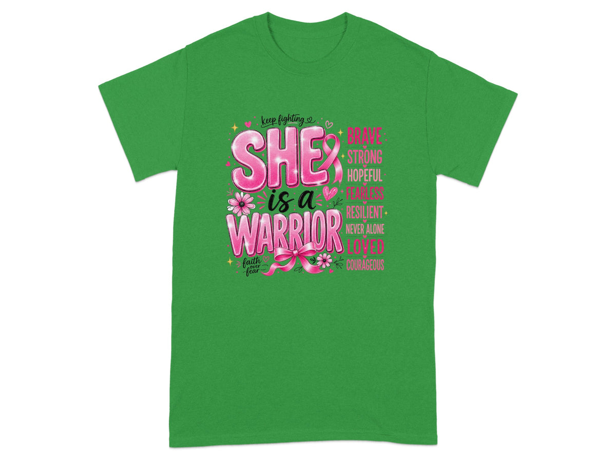 Green t-shirt with "SHE is a WARRIOR" and inspirational words in pink.