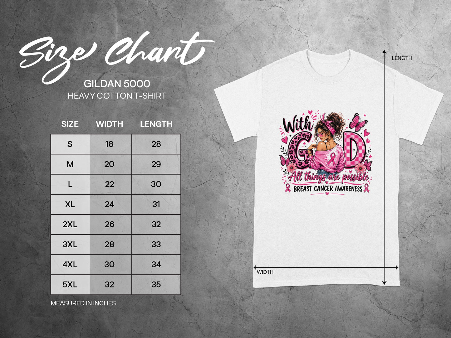 Gildan 5000 size chart for heavy cotton t-shirt with breast cancer awareness graphic.