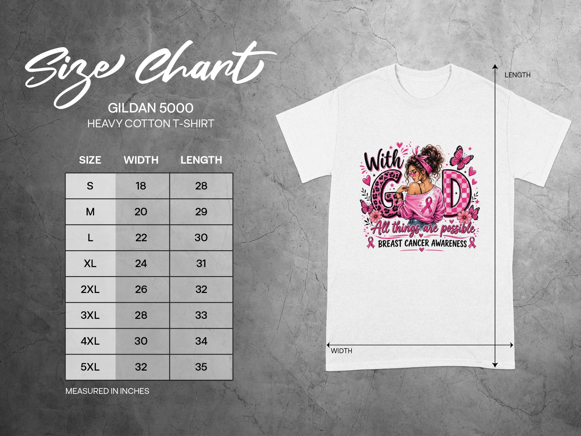 Gildan 5000 size chart for heavy cotton t-shirt with breast cancer awareness graphic.
