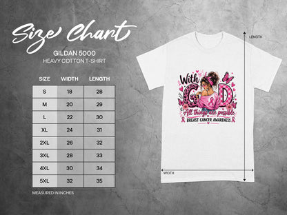 Gildan 5000 size chart for heavy cotton t-shirt with breast cancer awareness graphic.