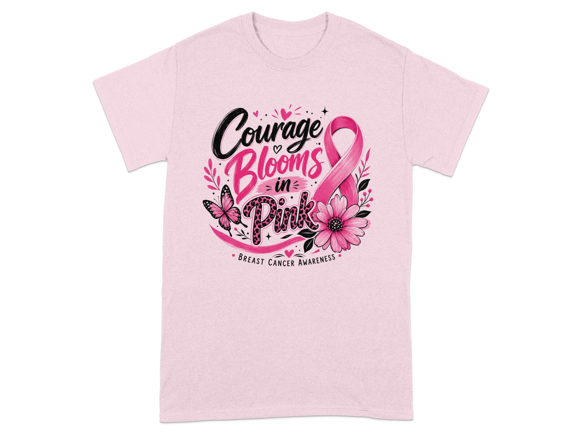 Pink t-shirt with "Courage Blooms in Pink" and breast cancer awareness ribbon graphic.