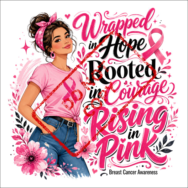 Woman in pink shirt with breast cancer ribbon, "Wrapped in Hope, Rooted in Courage, Rising in Pink."