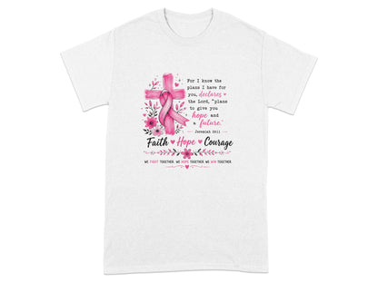 Pink cross with ribbon, Jeremiah quote, and "Faith Hope Courage" text.