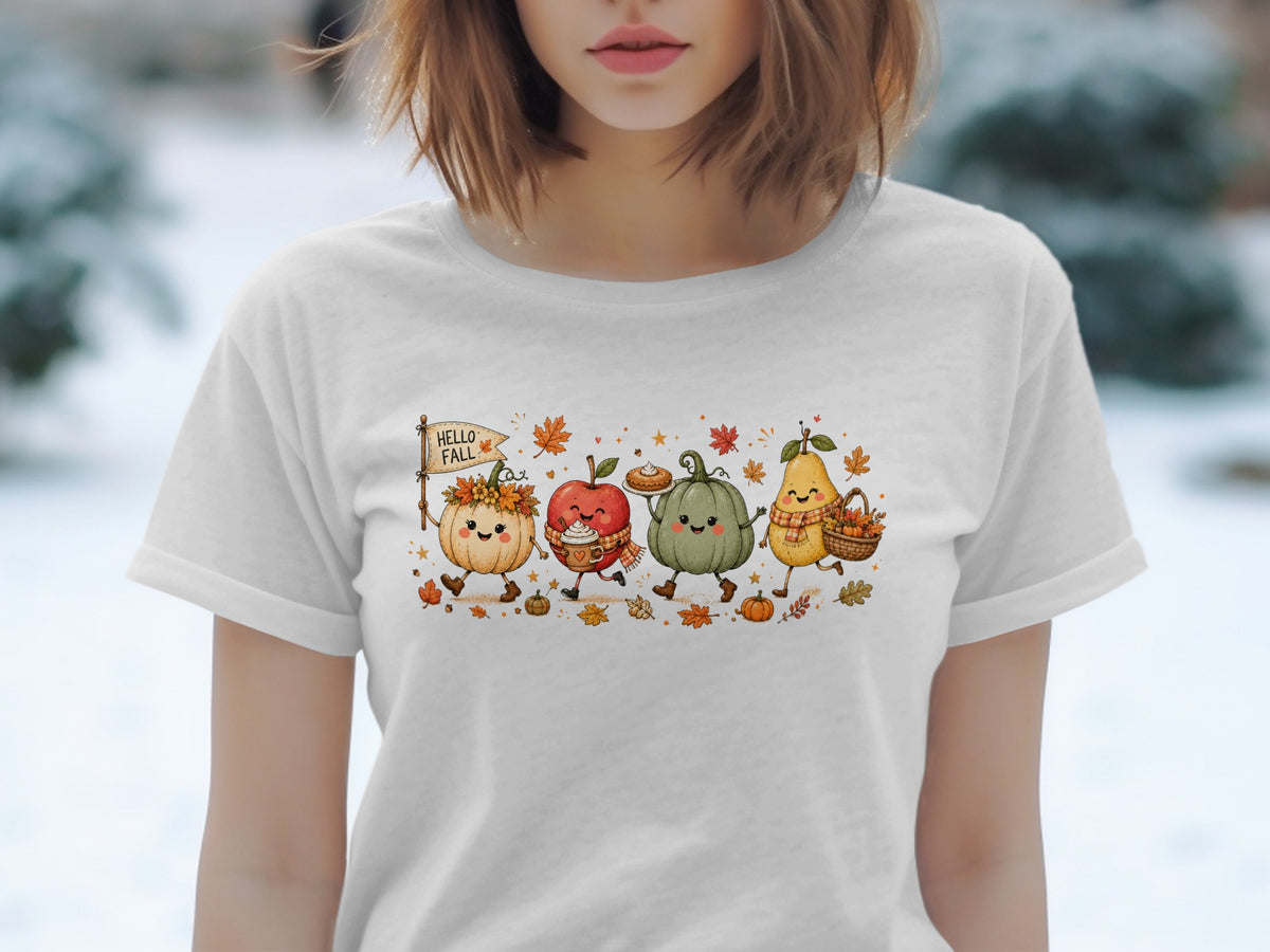 Cute cartoon pumpkin, apple, pumpkin, and pear parade holding a "Hello Fall" sign.